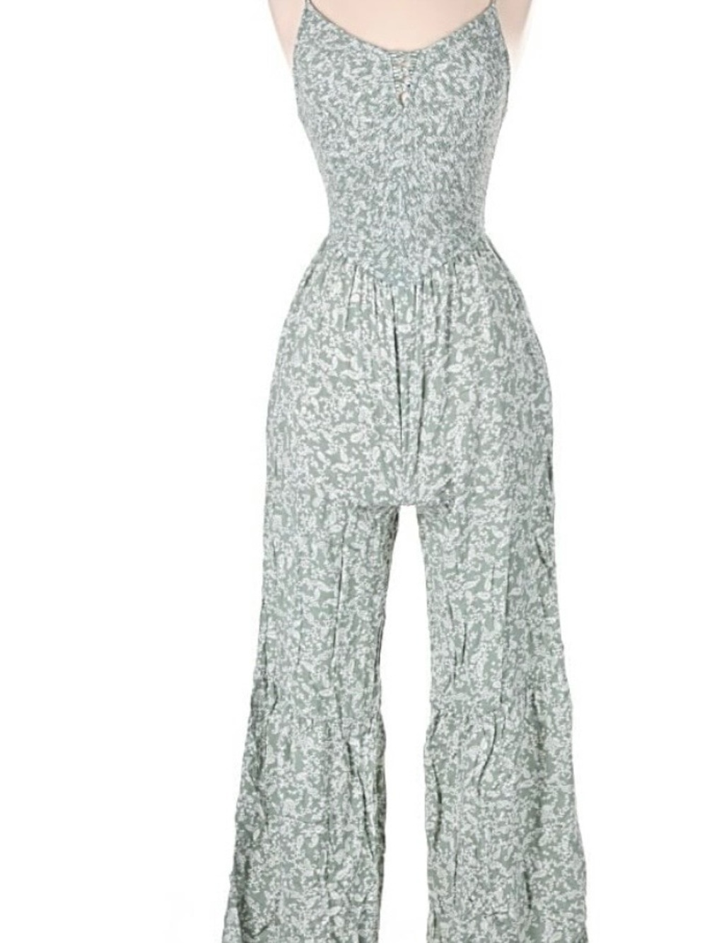 Sincerely Jules Sage Green Floral Smocked Wide-Leg Jumpsuit with pockets